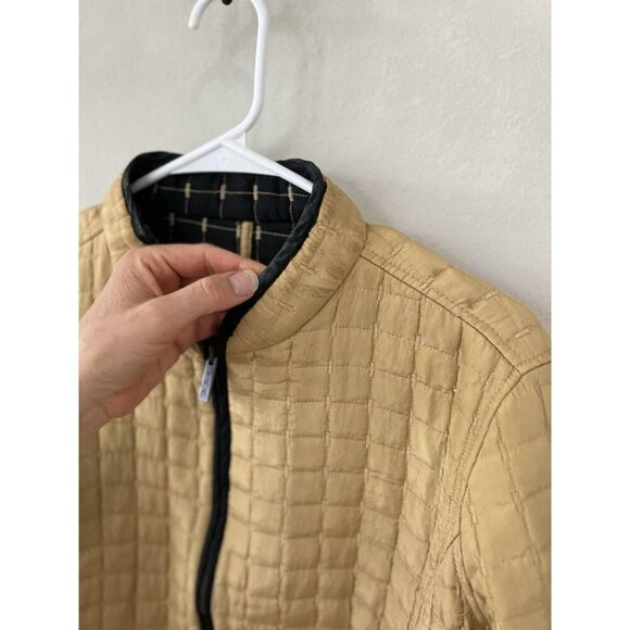 Oleg Cassini Jacket Women’s M 100% Silk Reversible Quilted Lightweight Tan Black - Picture 5 of 11
